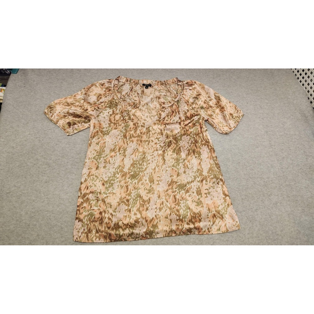 Talbots Blouse Womens XS Pink Green Abstract Print Short Sleeve Split Neck Tunic